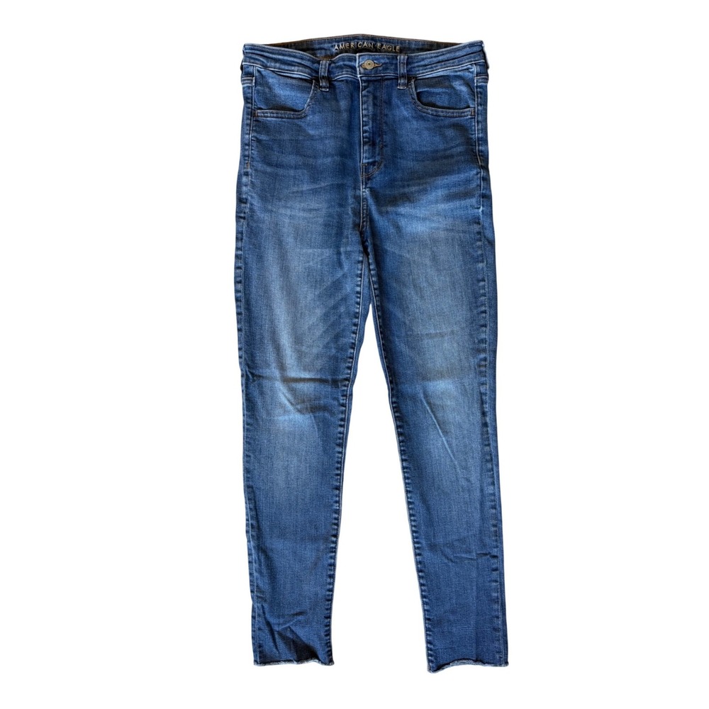 American Eagle Super Stretch High Waisted Skinny Jeans Blue Raw Hem Women 10